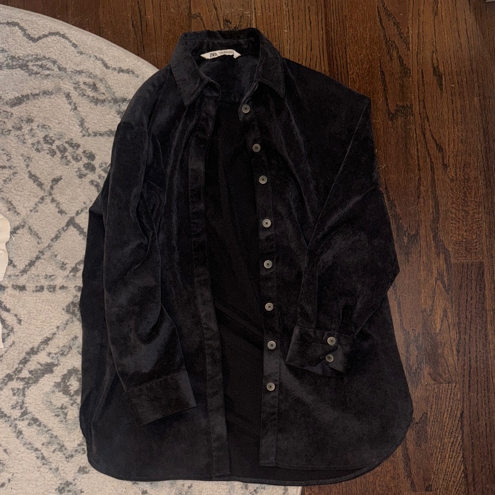 Zara Black Velvet Button Down Shirt